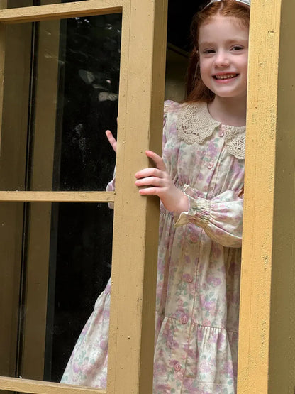 長袖ワンピース 花柄レース襟シャーリングワンピース クラシカル【mh0011221】