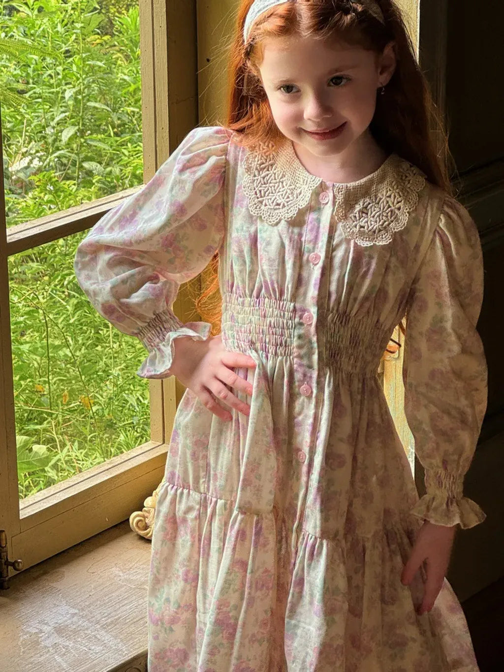 長袖ワンピース 花柄レース襟シャーリングワンピース クラシカル【mh0011221】