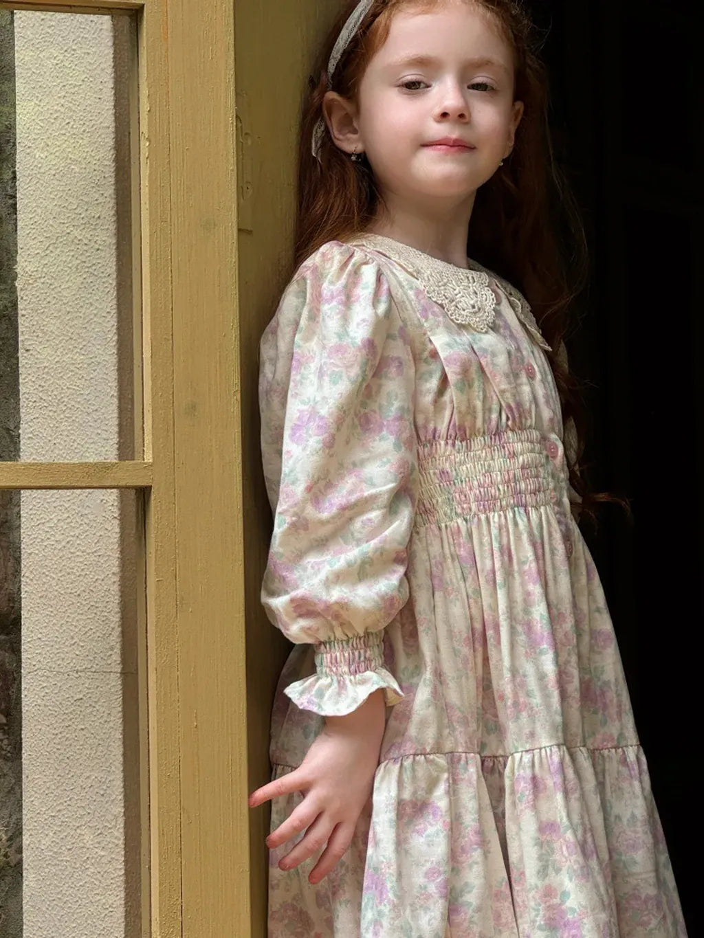 長袖ワンピース 花柄レース襟シャーリングワンピース クラシカル【mh0011221】