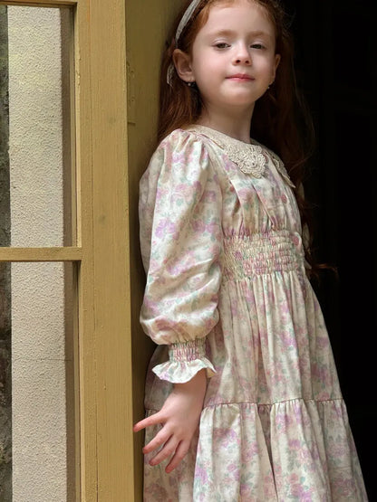 長袖ワンピース 花柄レース襟シャーリングワンピース クラシカル【mh0011221】