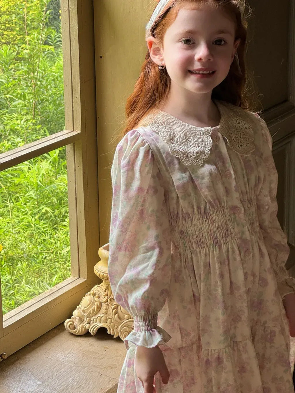 長袖ワンピース 花柄レース襟シャーリングワンピース クラシカル【mh0011221】