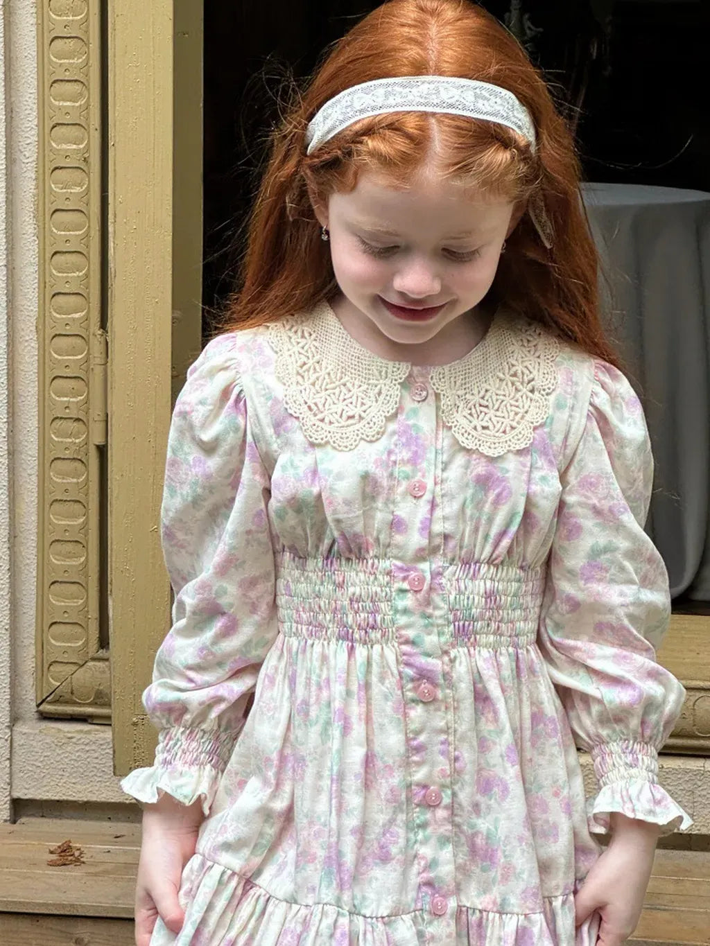 長袖ワンピース 花柄レース襟シャーリングワンピース クラシカル【mh0011221】