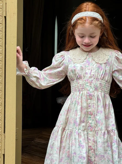 長袖ワンピース 花柄レース襟シャーリングワンピース クラシカル【mh0011221】