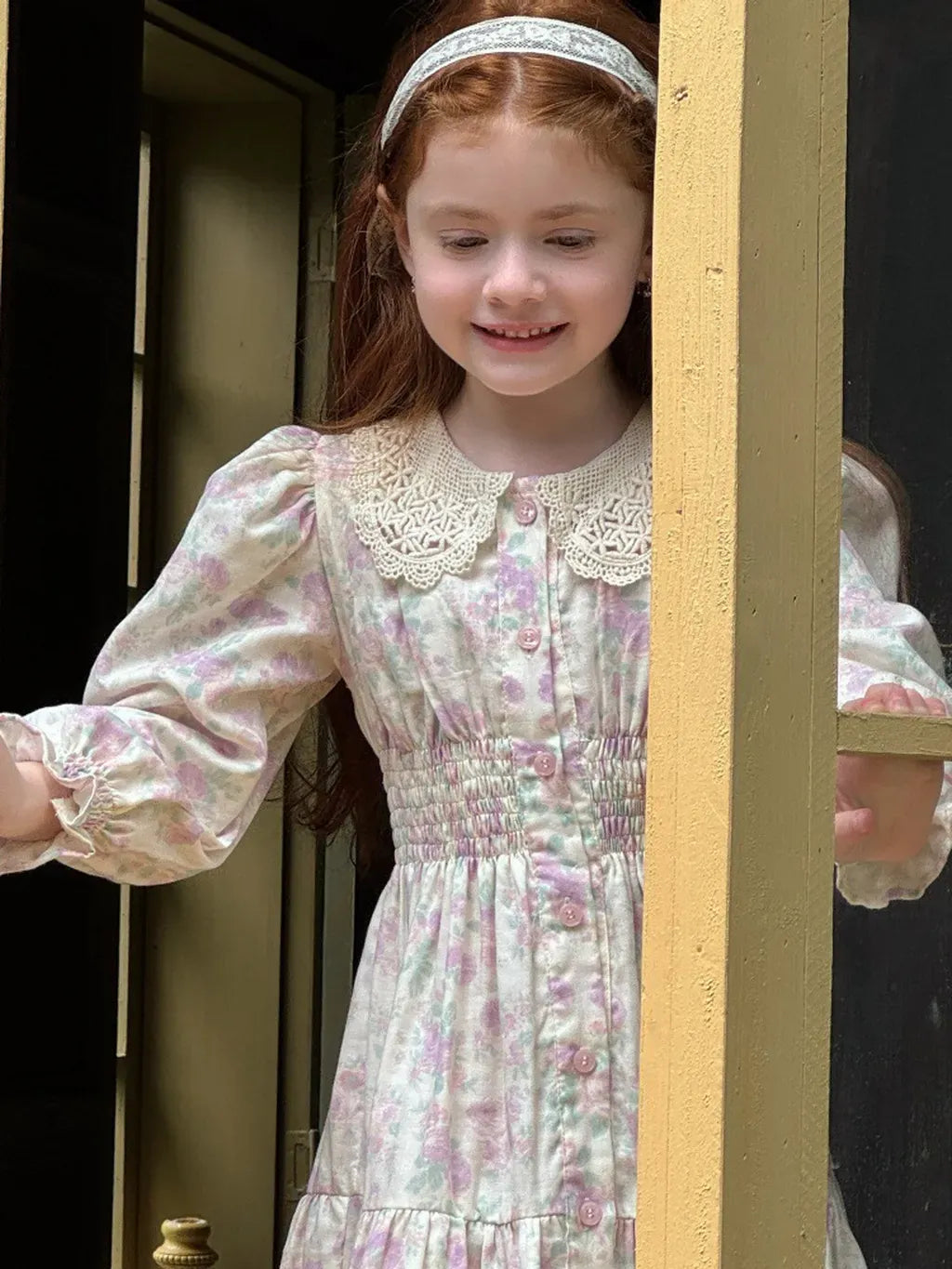 長袖ワンピース 花柄レース襟シャーリングワンピース クラシカル【mh0011221】