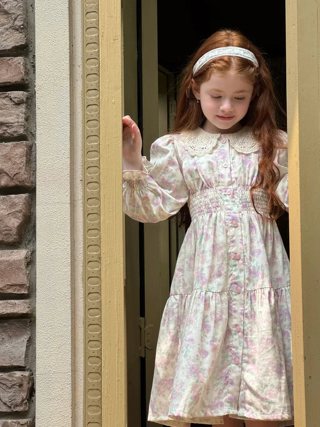 長袖ワンピース 花柄レース襟シャーリングワンピース クラシカル【mh0011221】