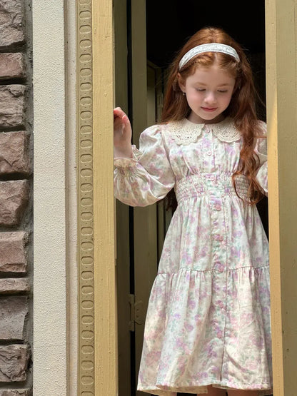 長袖ワンピース 花柄レース襟シャーリングワンピース クラシカル【mh0011221】