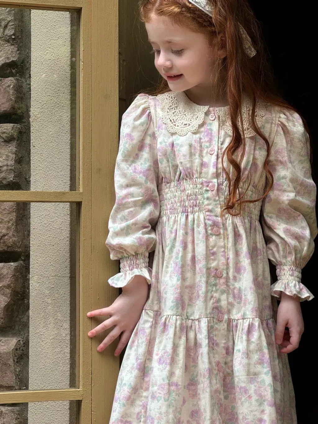 長袖ワンピース 花柄レース襟シャーリングワンピース クラシカル【mh0011221】