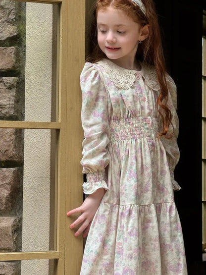 長袖ワンピース 花柄レース襟シャーリングワンピース クラシカル【mh0011221】