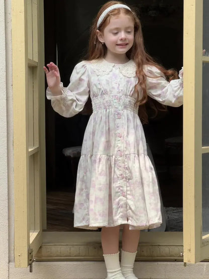 長袖ワンピース 花柄レース襟シャーリングワンピース クラシカル【mh0011221】