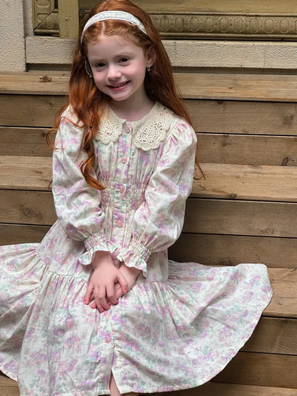 長袖ワンピース 花柄レース襟シャーリングワンピース クラシカル【mh0011221】