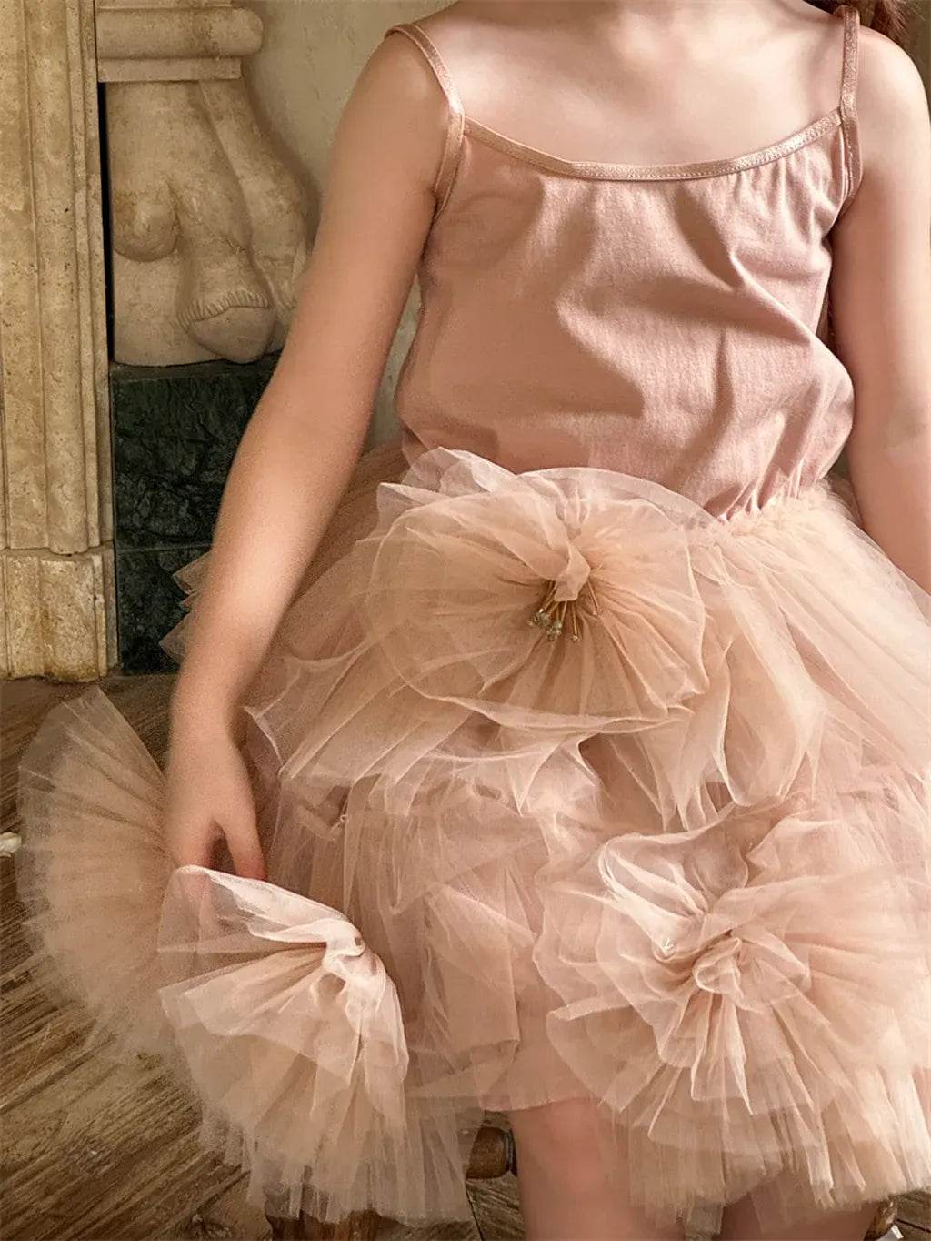 ノースリーブセットアップ シフォンフラワーチュールスカート/キャミソール【mh0011227】