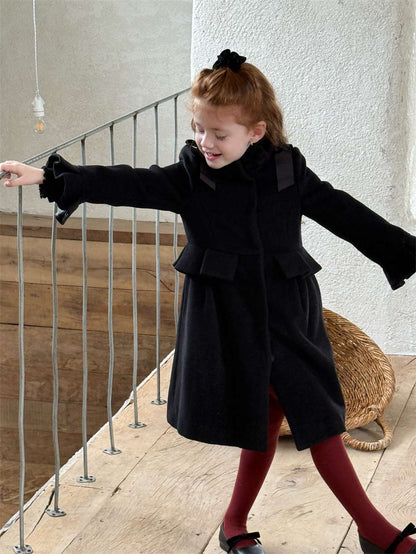 ロングコート ミドル丈コート ショルダーリボン フレアベルスリーブ プレッピーアウター【mh0011443】