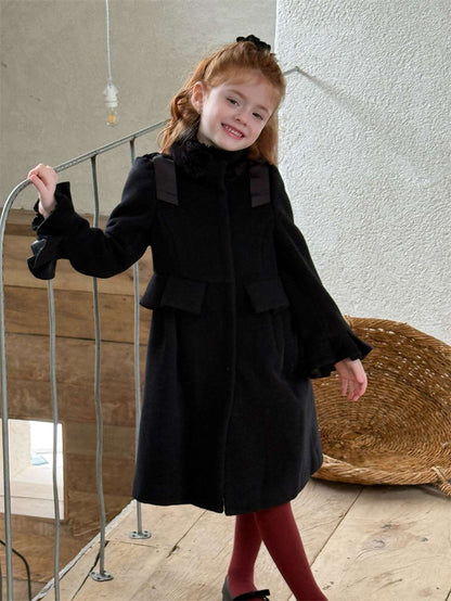 ロングコート ミドル丈コート ショルダーリボン フレアベルスリーブ プレッピーアウター【mh0011443】