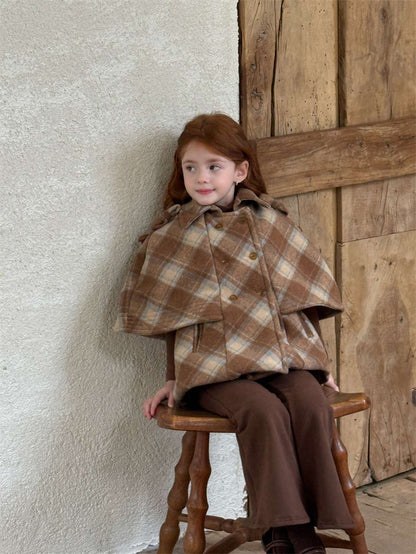 ショートコート・ジャケット・ジャンパー チェック柄ケープ マント風コート ウール調アウター 厚手防寒【mh0011445】