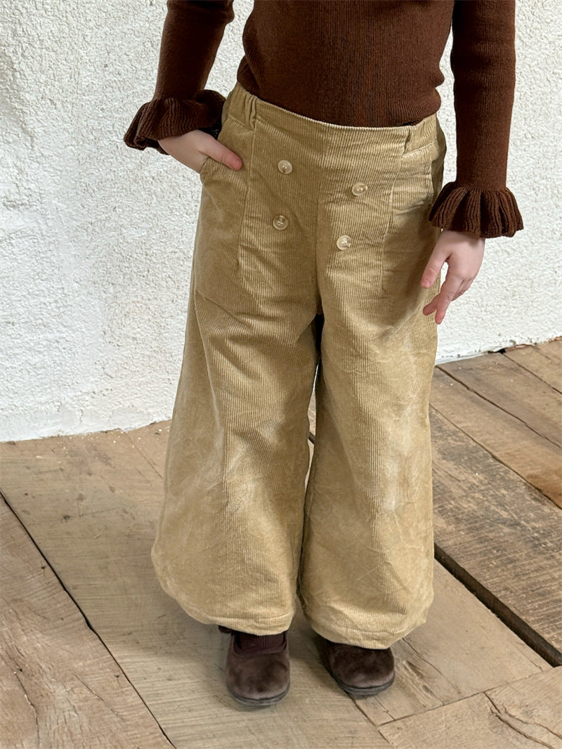 ロングパンツ・スウェットパンツ コーデュロイパンツ ワイド ダブルボタン ハイウエスト カジュアル ボトムス【mh0011614】