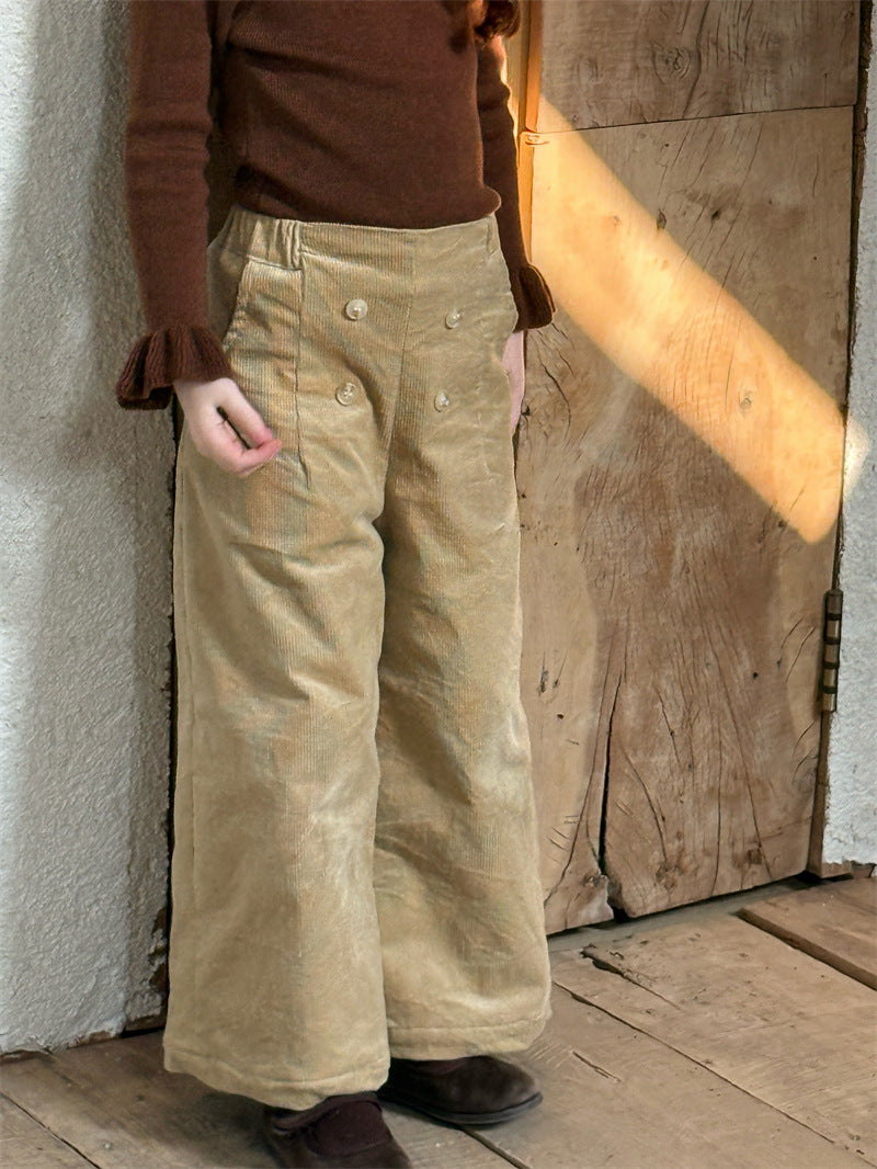 ロングパンツ・スウェットパンツ コーデュロイパンツ ワイド ダブルボタン ハイウエスト カジュアル ボトムス【mh0011614】