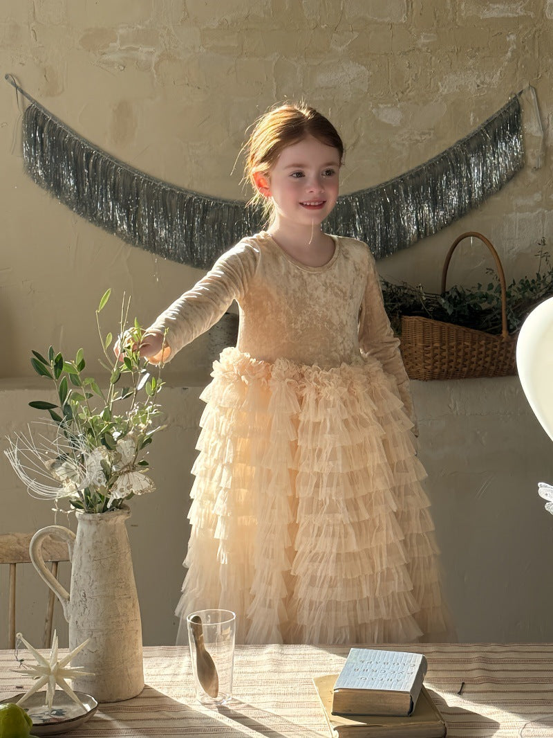 長袖ワンピース 長袖ワンピース ベロア チュチュ チュールスカート パーティドレス【mh0011881】