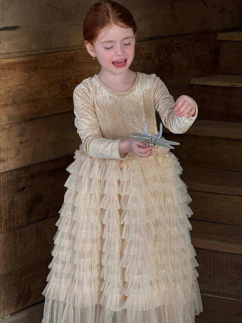 長袖ワンピース 長袖ワンピース ベロア チュチュ チュールスカート パーティドレス【mh0011881】