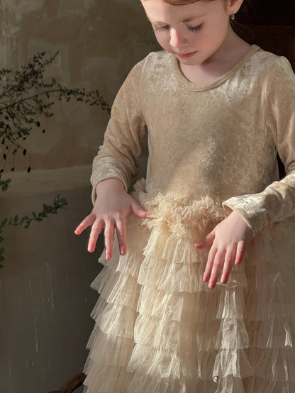 長袖ワンピース 長袖ワンピース ベロア チュチュ チュールスカート パーティドレス【mh0011881】