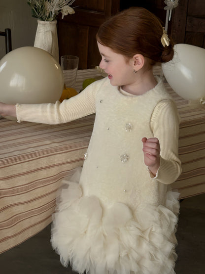 ノースリーブワンピース ノースリーブワンピース フリース ボリュームチュールスカート ビーズ刺繍【mh0011887】