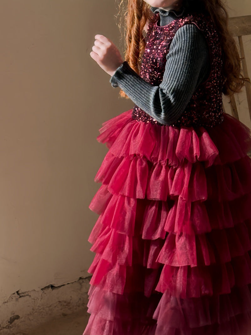 ノースリーブワンピース ノースリーブワンピース スパンコール メッシュチュチュスカート ドレス【mh0011894】