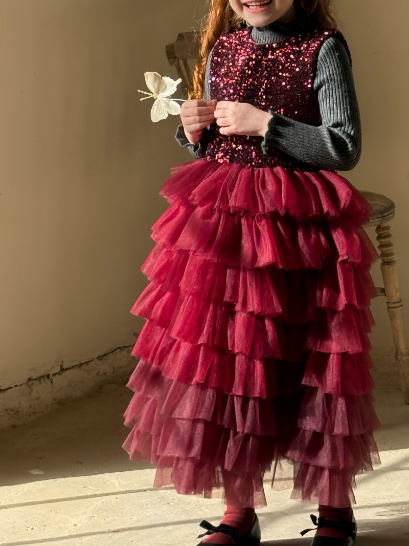 ノースリーブワンピース ノースリーブワンピース スパンコール メッシュチュチュスカート ドレス【mh0011894】