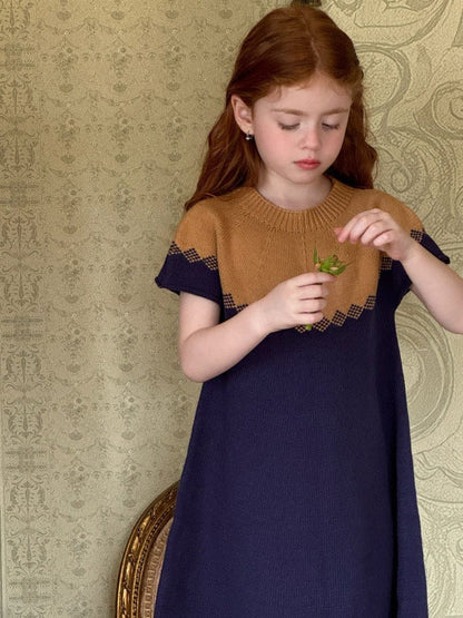 半袖ワンピース Navy Blue / 90cm ニット半袖ワンピース Aラインセータードレス【mh0011204】