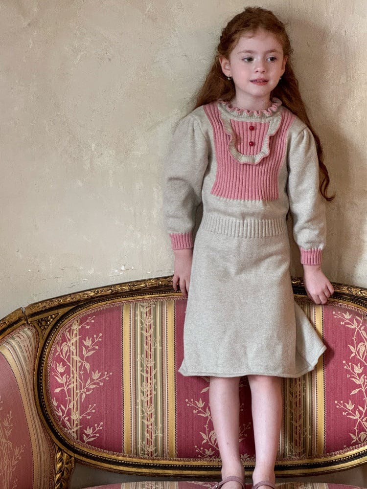 長袖ワンピース Pink / 90cm バイカラーニット長袖ワンピース【mh0011220】