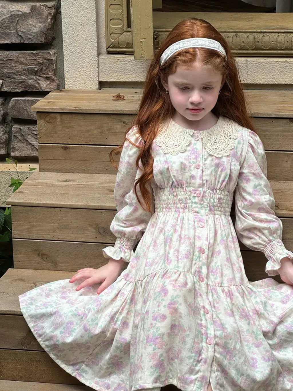 長袖ワンピース Pink / 90cm 花柄レース襟シャーリングワンピース クラシカル【mh0011221】