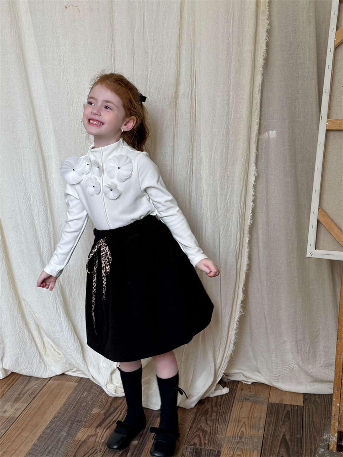 長袖セットアップ 長袖Tシャツ 3Dフラワーモチーフ/Aラインフレアスカート【mh0011447】