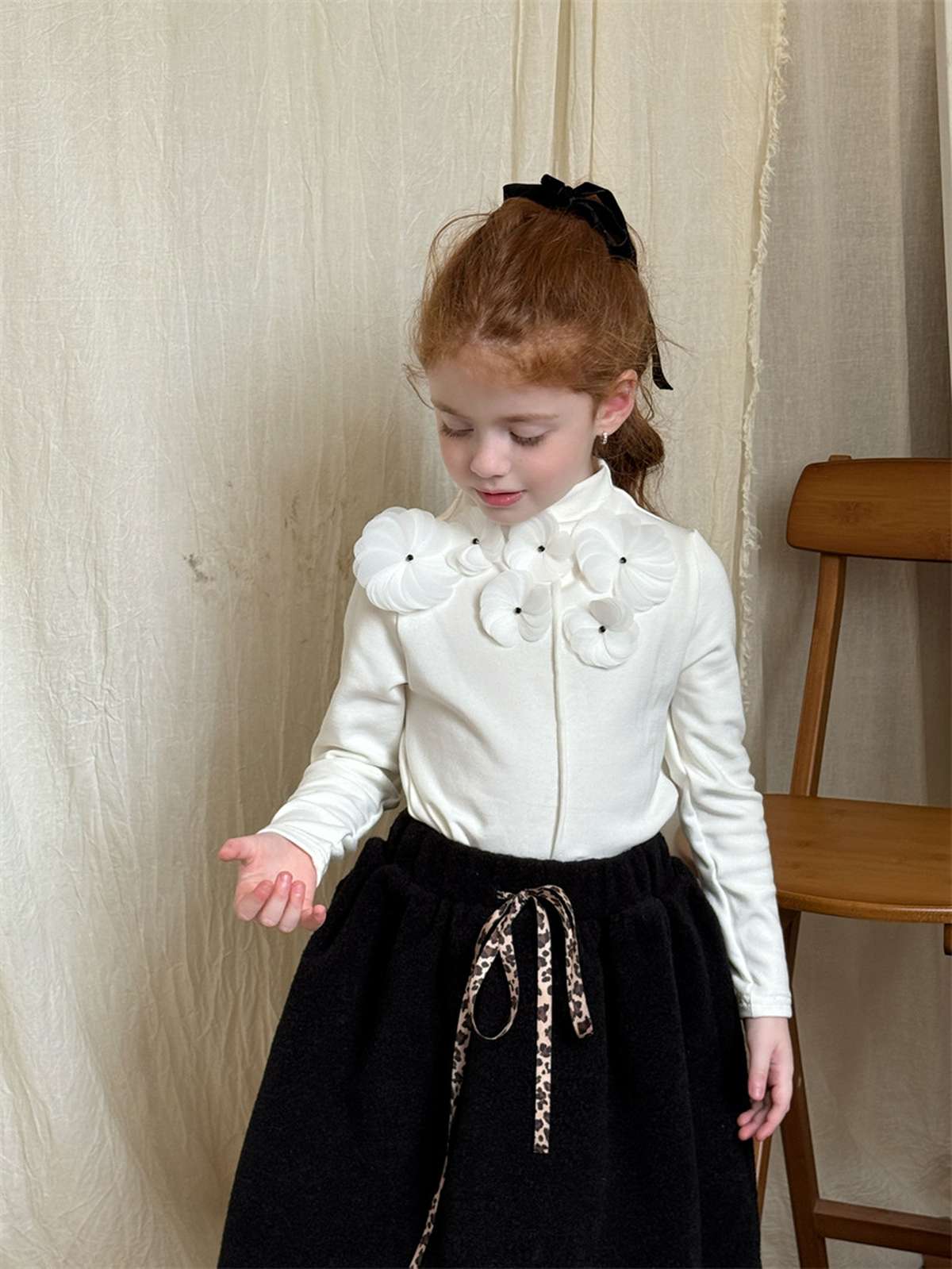 長袖セットアップ 長袖Tシャツ 3Dフラワーモチーフ/Aラインフレアスカート【mh0011447】