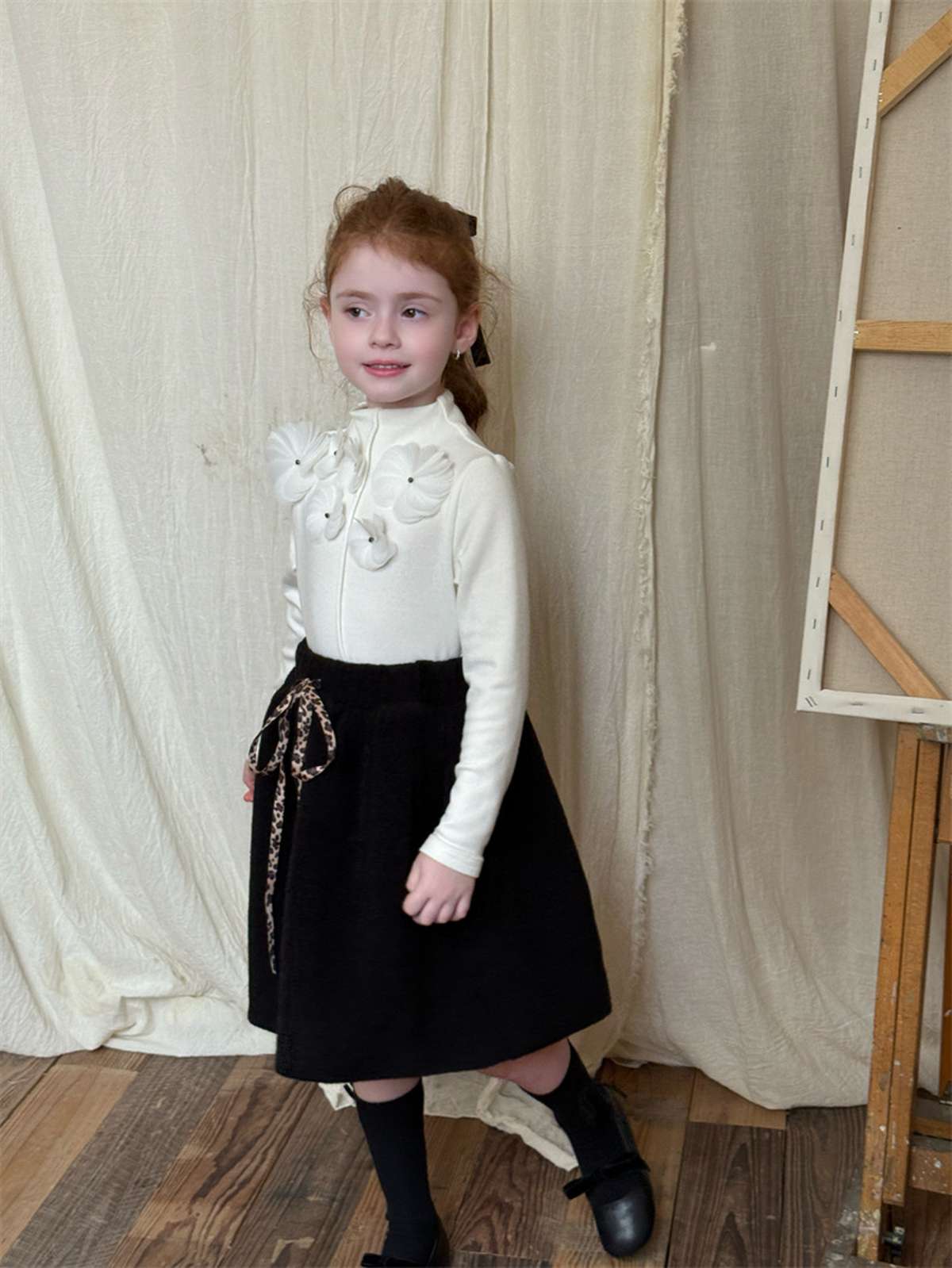 長袖セットアップ 長袖Tシャツ 3Dフラワーモチーフ/Aラインフレアスカート【mh0011447】