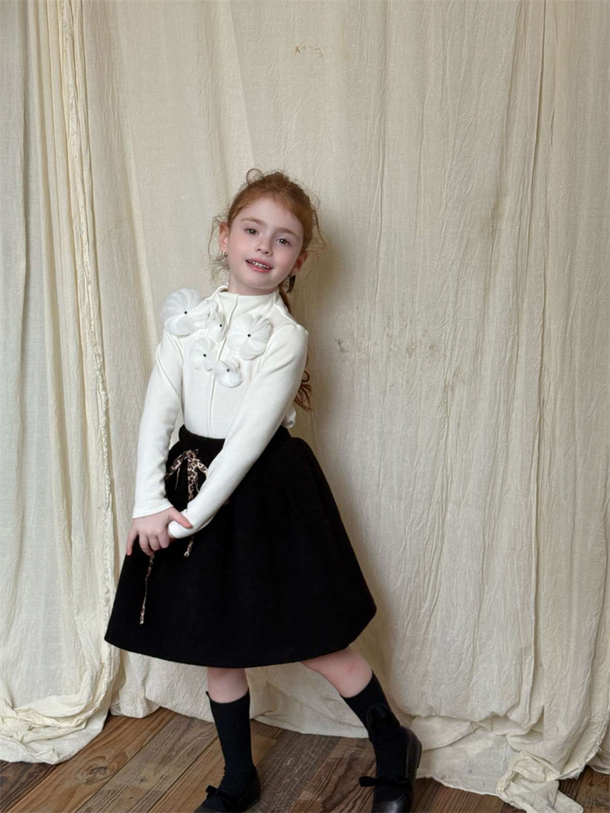 長袖セットアップ 長袖Tシャツ 3Dフラワーモチーフ/Aラインフレアスカート【mh0011447】