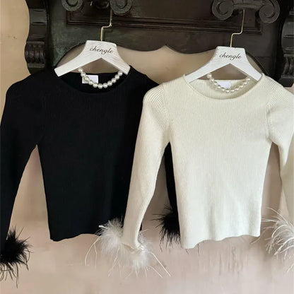 ニット・セーター キッズトップス フェザーリスト長袖シンプルニットTシャツカットソー【mh0007943】