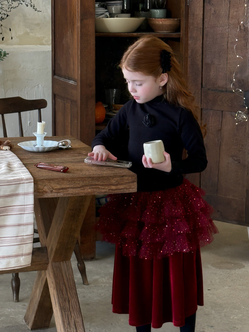 長袖セットアップ ハイネック長袖Tシャツ/ベルベッドメッシュドッキングスカート【mh0011888】