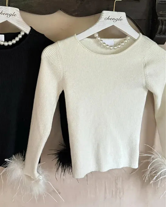 ニット・セーター White / 2T (90) キッズトップス フェザーリスト長袖シンプルニットTシャツカットソー【mh0007943】