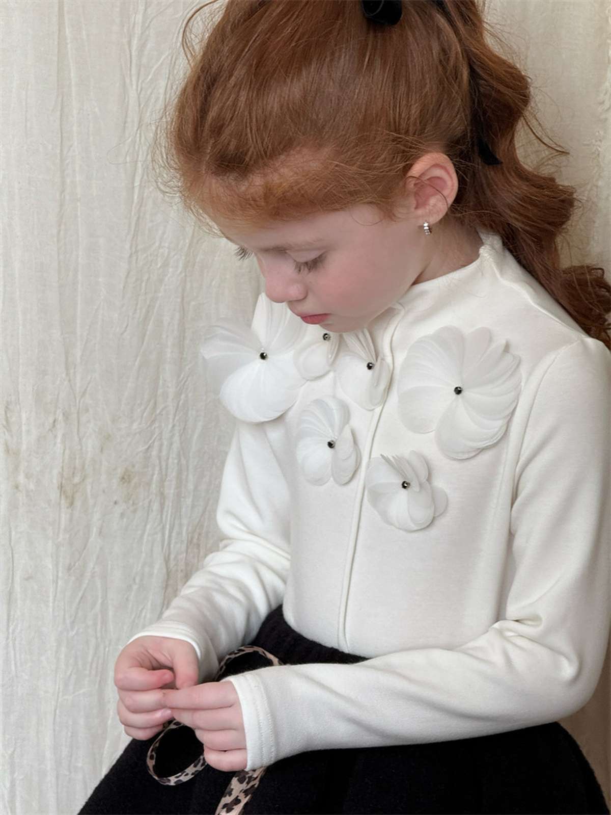 長袖セットアップ White flower T / 90cm 長袖Tシャツ 3Dフラワーモチーフ/Aラインフレアスカート【mh0011447】