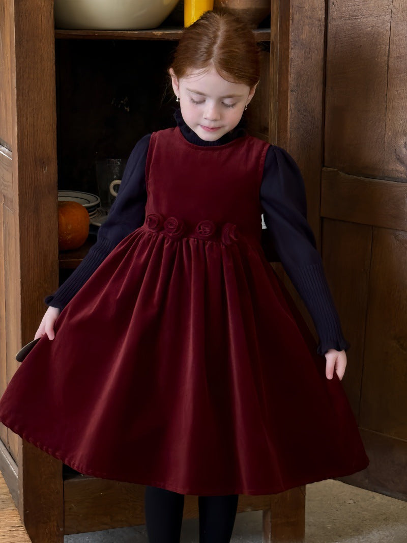 ノースリーブワンピース Wine Red / 90cm ノースリーブワンピース ローズモチーフ フレンチスタイルドレス【mh0011893】