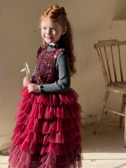 ノースリーブワンピース Wine Red / 90cm ノースリーブワンピース スパンコール メッシュチュチュスカート ドレス【mh0011894】