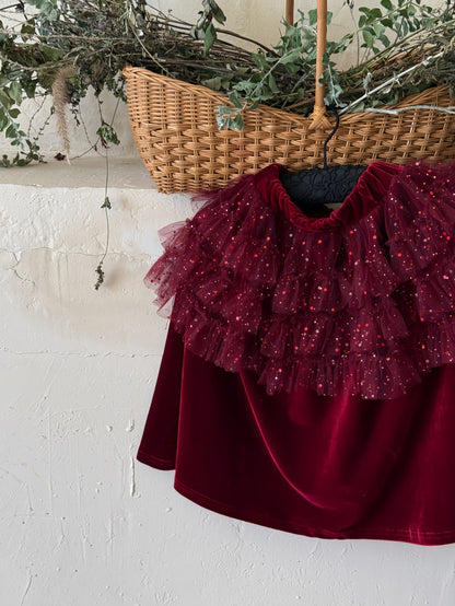 長袖セットアップ Wine red skirt / 90cm ハイネック長袖Tシャツ/ベルベッドメッシュドッキングスカート【mh0011888】