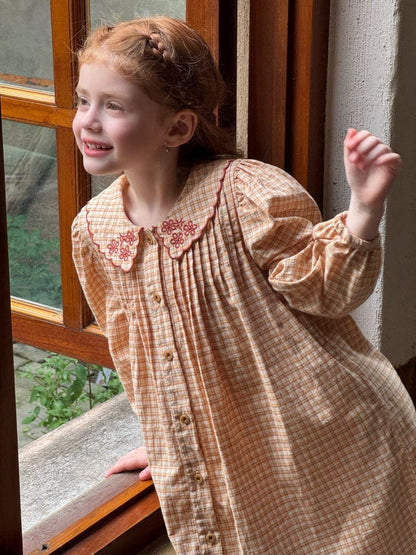 長袖ワンピース Yellow / 90cm 刺繍襟チェック柄長袖シャツワンピース【mh0011208】