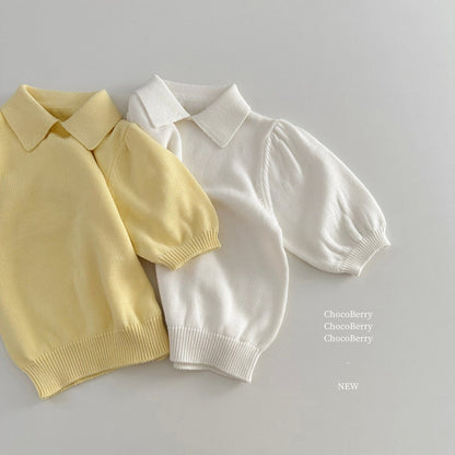 半袖シャツ・ブラウス White / 100cm ニット半袖パフスリーブポロシャツ【mh0010033】