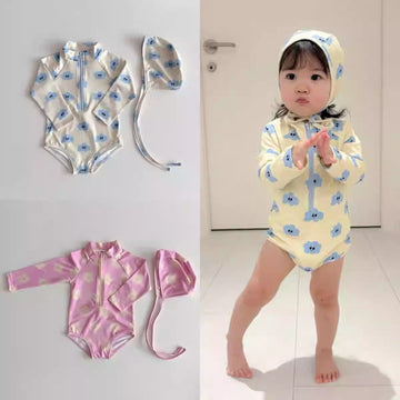 Cloud Graphics Zip Swimsuit 長袖ワンピース水着 スイムキャップセット【mh0012927】 yi nian ni ベビー用水着