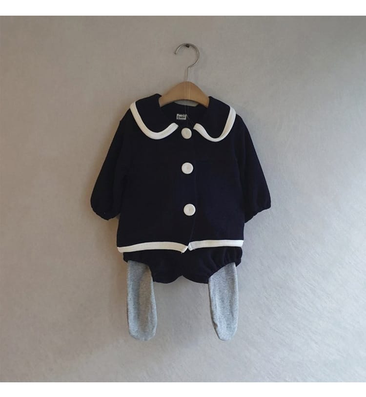 College Style Knit Cardigan & Shorts Set コントラストライン ニット セットアップ【mh0012675】 BBAMMA 長袖セットアップ