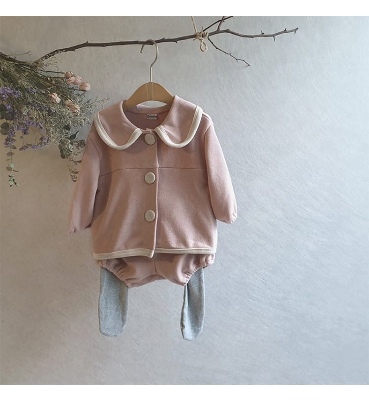 College Style Knit Cardigan & Shorts Set コントラストライン ニット セットアップ【mh0012675】 BBAMMA 長袖セットアップ