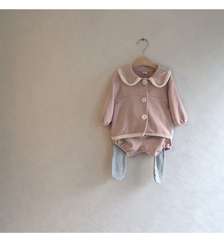 College Style Knit Cardigan & Shorts Set コントラストライン ニット セットアップ【mh0012675】 BBAMMA 長袖セットアップ