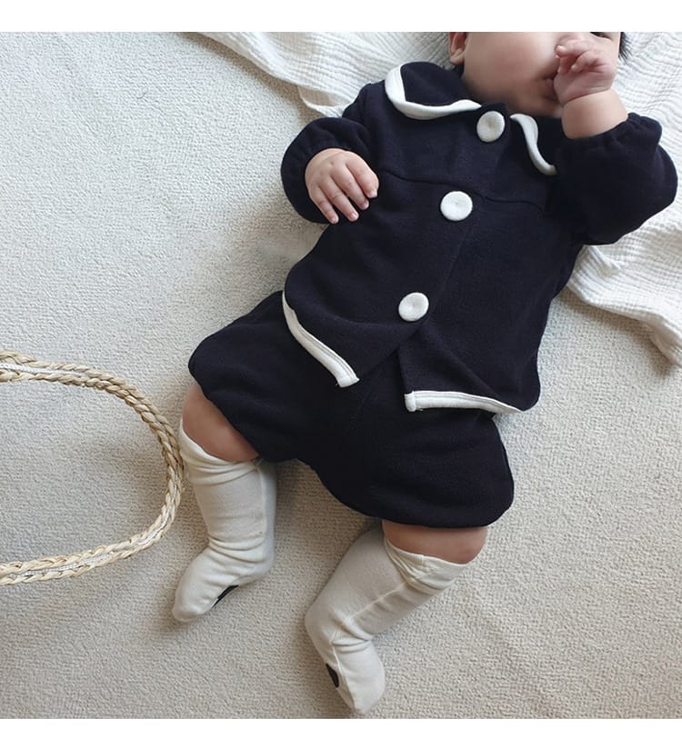 College Style Knit Cardigan & Shorts Set コントラストライン ニット セットアップ【mh0012675】 BBAMMA 長袖セットアップ