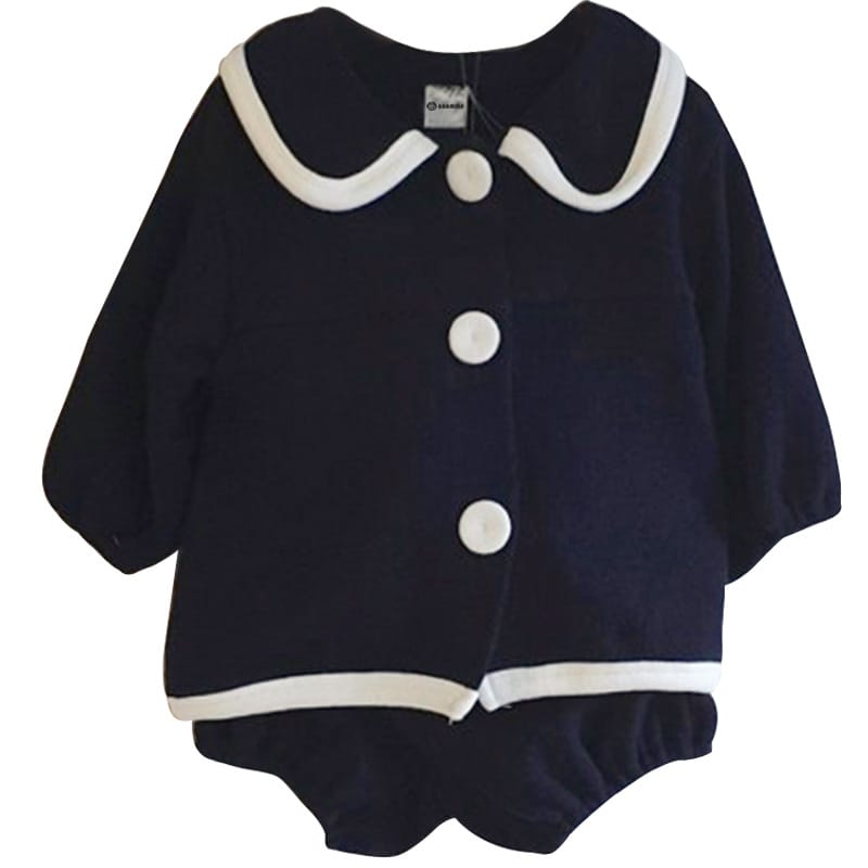 College Style Knit Cardigan & Shorts Set コントラストライン ニット セットアップ【mh0012675】 BBAMMA 長袖セットアップ