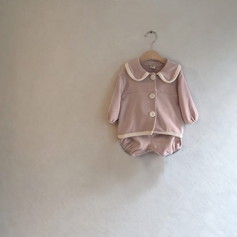 College Style Knit Cardigan & Shorts Set コントラストライン ニット セットアップ【mh0012675】 Pink / 73cm BBAMMA 長袖セットアップ