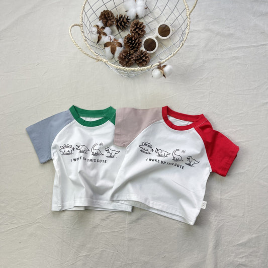 Color Block Dinosaur Raglan Tee パッチワーク 恐竜 ラグランTシャツ【mh0012300】 yi nian ni